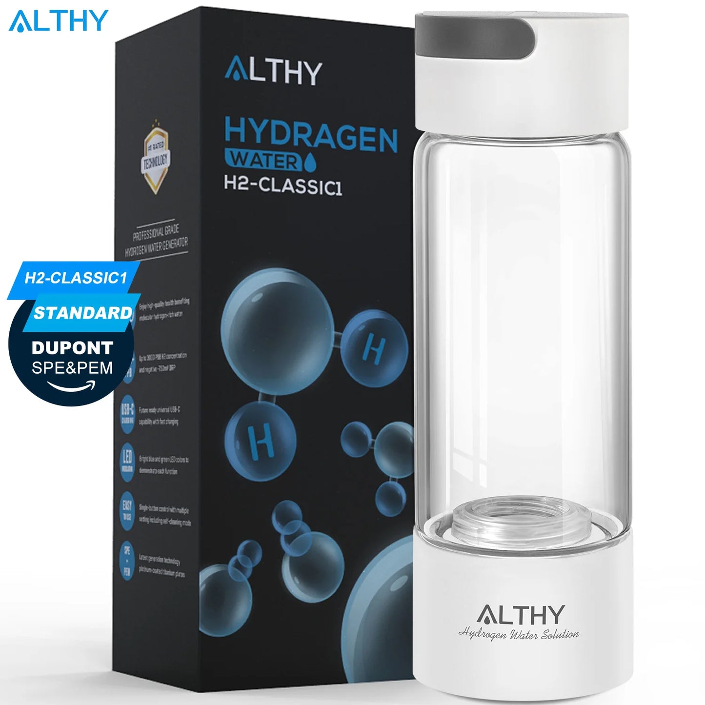 ALTHY Hydrogen Water Generator Bottle – Glass Cup with DuPont SPE & PEM Dual-Chamber Ionizer – Includes H₂ Inhalation Device – Portable Hydrogen-Rich Water Maker