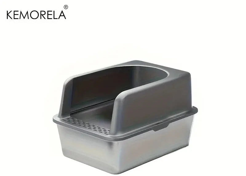 Durable KEMORELA XL stainless steel cat litter box with lid, high sides, odor resistance, and easy-to-clean metal pan for large and small cats