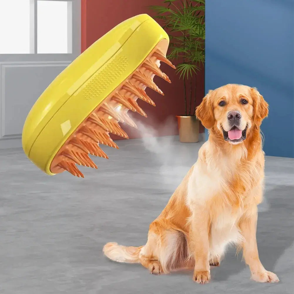 A close-up of the 3-in-1 pet steam grooming brush designed for cats and dogs, featuring massage, hair removal, and cleaning functions to promote healthy fur and skin through steam-powered technology