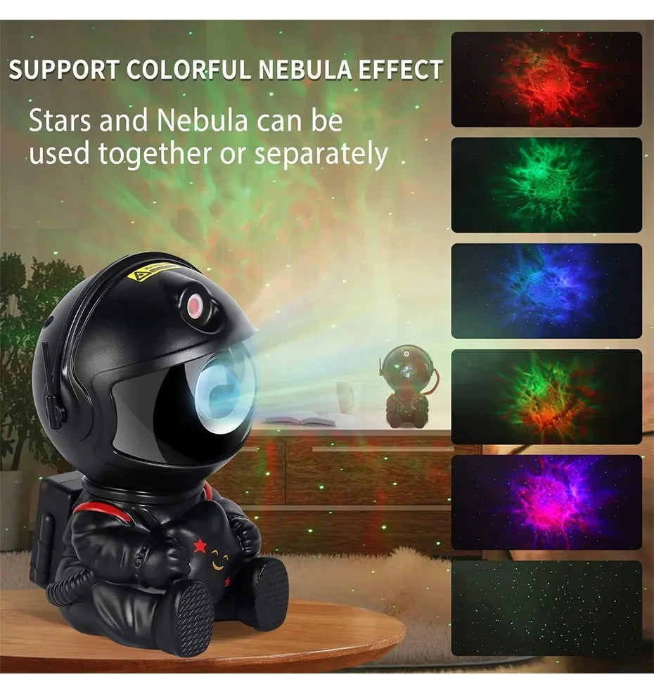 Astronaut galaxy star projector night light displaying nebula clouds with remote control functionality, space-themed LED galaxy lamp for relaxing and stargazing ambiance