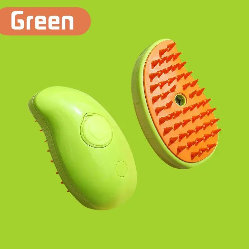 A close-up of the 3-in-1 pet steam grooming brush showing its massage, hair removal, and cleaning comb features for cats and dogs