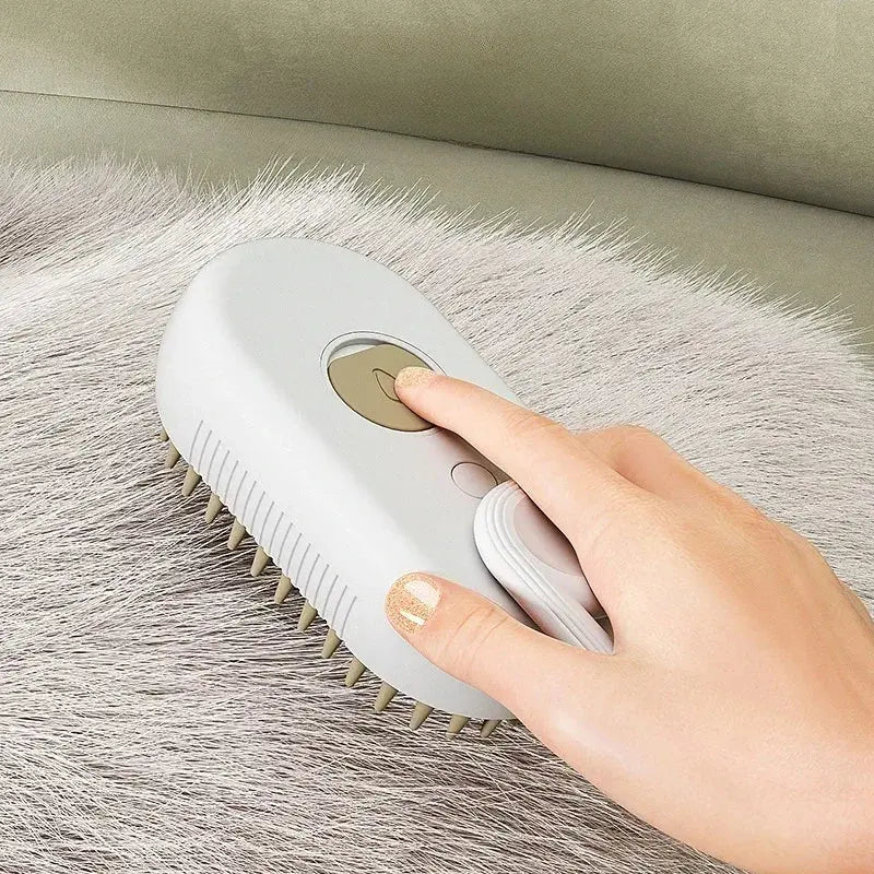 Long description of the 3-in-1 pet steam grooming brush highlighting massage, hair removal, and cleaning features for cats and dogs