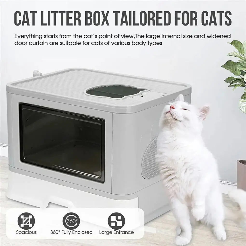 Close-up of the stylish space-saving foldable cat litter box with privacy enclosure and easy-to-clean features