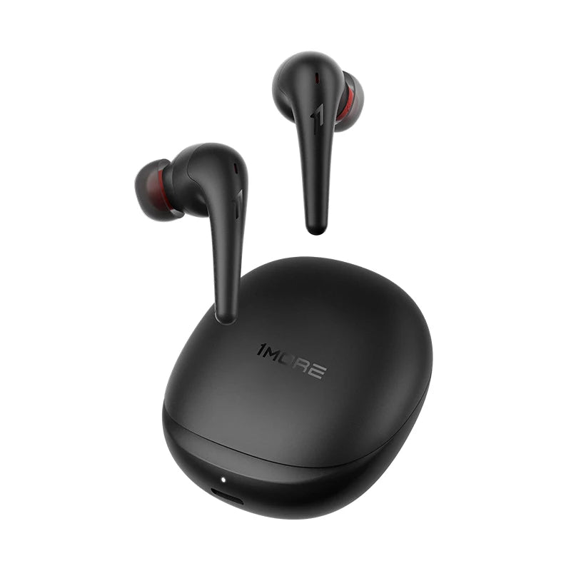 Close-up of 1MORE Aero Wireless Earbuds featuring Bluetooth 52, active noise cancellation at 42dB, immersive spatial audio, 28-hour battery life, and wireless charging capabilities