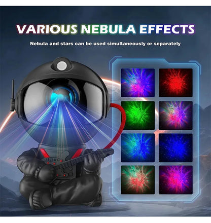 A detailed image of the Astronaut Galaxy Star Projector Night Light showcasing nebula effects, remote control, and space-themed LED galaxy lamp designed for immersive stargazing and ambient lighting