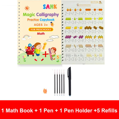 Sank Magic Practice Copybook – Reusable Calligraphy Writing Book for Kids | Preschool Handwriting & English Learning with Free Wiping Pen