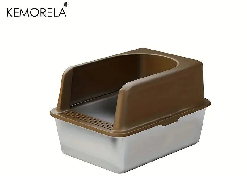 Large stainless steel cat litter box with lid, high sides, odor-resistant, easy-to-clean design for small and large cats