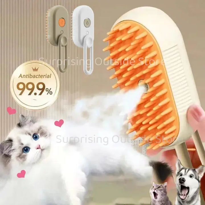 A close-up of a 3-in-1 pet steam grooming brush showing massage, hair removal, and cleaning features for cats and dogs