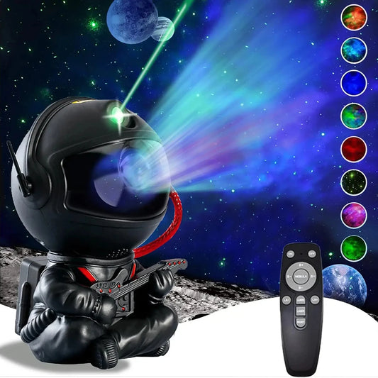 A vibrant astronaut-themed galaxy star projector night light displaying nebula patterns with remote control functionality and LED space lighting effects