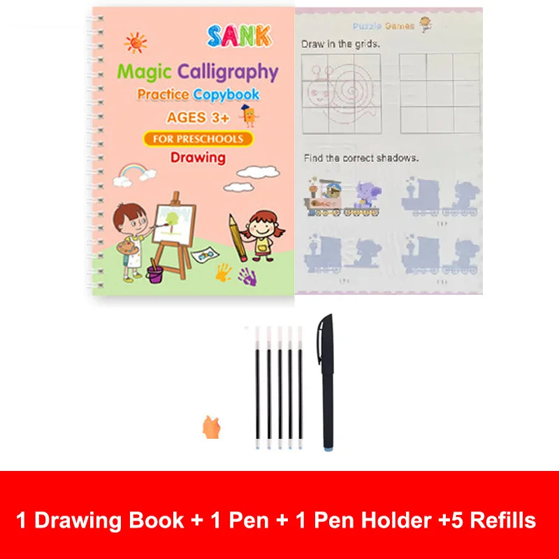 Sank Magic Practice Copybook – Reusable Calligraphy Writing Book for Kids | Preschool Handwriting & English Learning with Free Wiping Pen