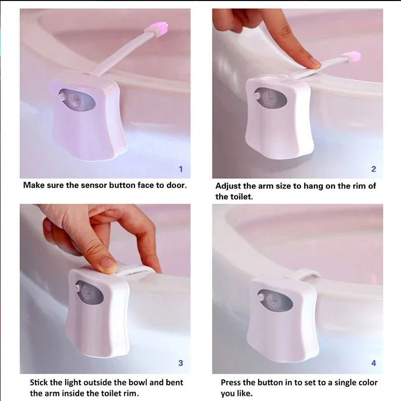 Long-lasting, battery-powered LED light for toilet bowl with motion sensor