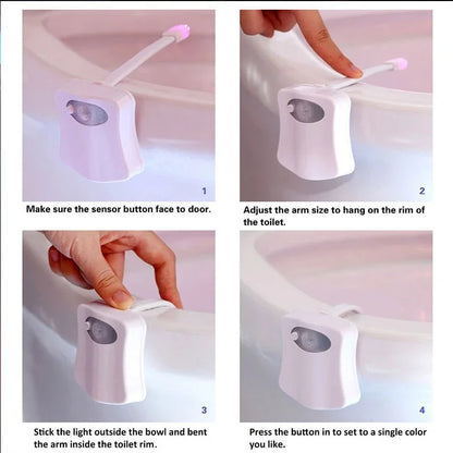Long-lasting, battery-powered LED light for toilet bowl with motion sensor