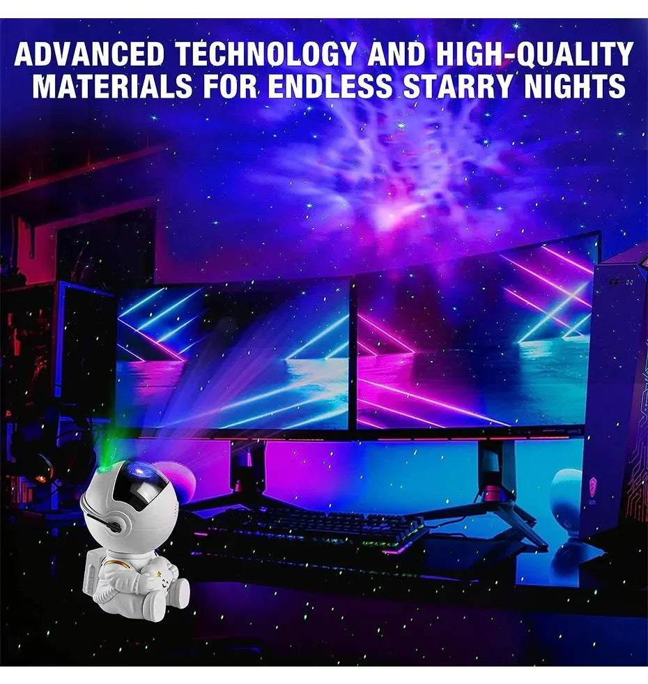 Astronaut galaxy star projector night light displaying nebula clouds with remote control functionality and space-themed LED galaxy lamp for ambient lighting