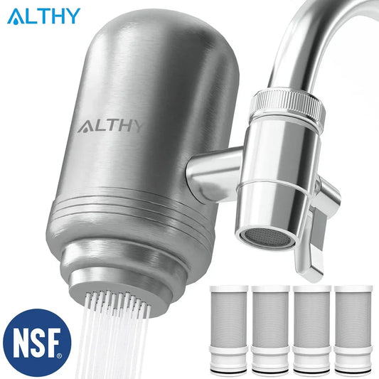 ALTHY Stainless Steel Faucet Water Filter System – NSF Certified 5-Stage Purifier Reduces Lead, Chlorine & Odors – 304 Food-Grade Tap Filter for Kitchen & Bathroom