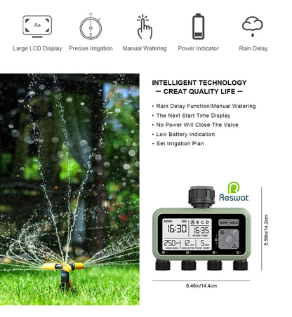 RESWAT 4-Outlet Water Timer – Multifunctional Sprinkler Controller with Multi-Caliber Adaptors for Easy Garden Irrigation