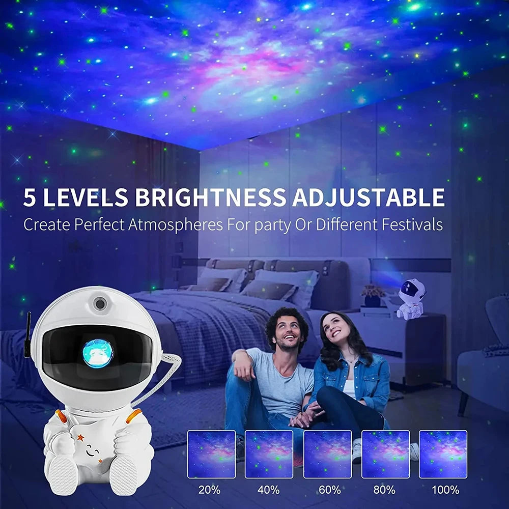 Astronaut galaxy star projector night light featuring nebula effects, remote control, and space-themed LED galaxy lamp for ambient cosmic illumination