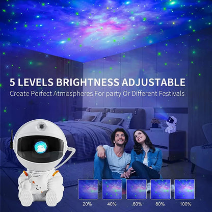Astronaut galaxy star projector night light featuring nebula effects, remote control, and space-themed LED galaxy lamp for ambient cosmic illumination