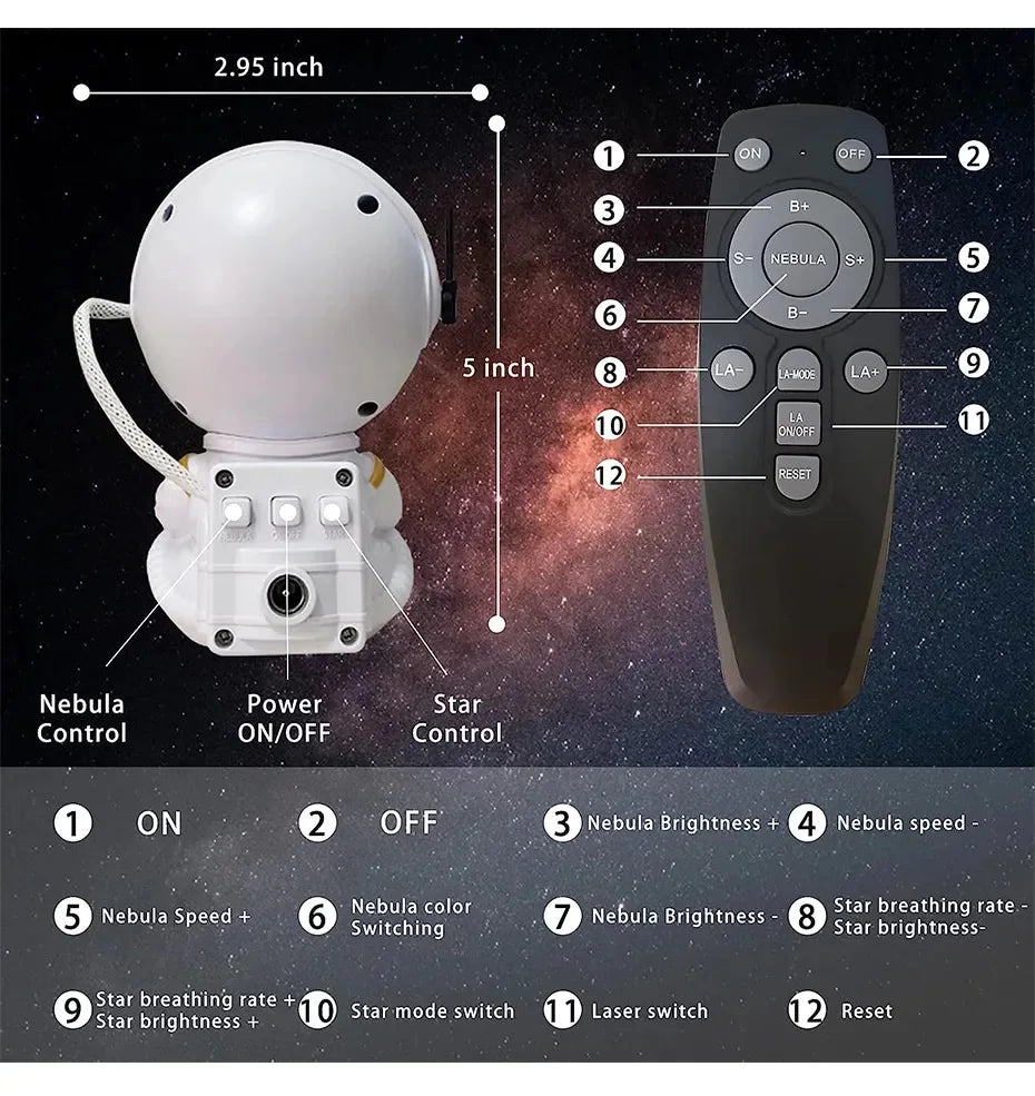 Astronaut galaxy star projector night light illuminating space-themed nebula with remote control and LED galaxy lamp