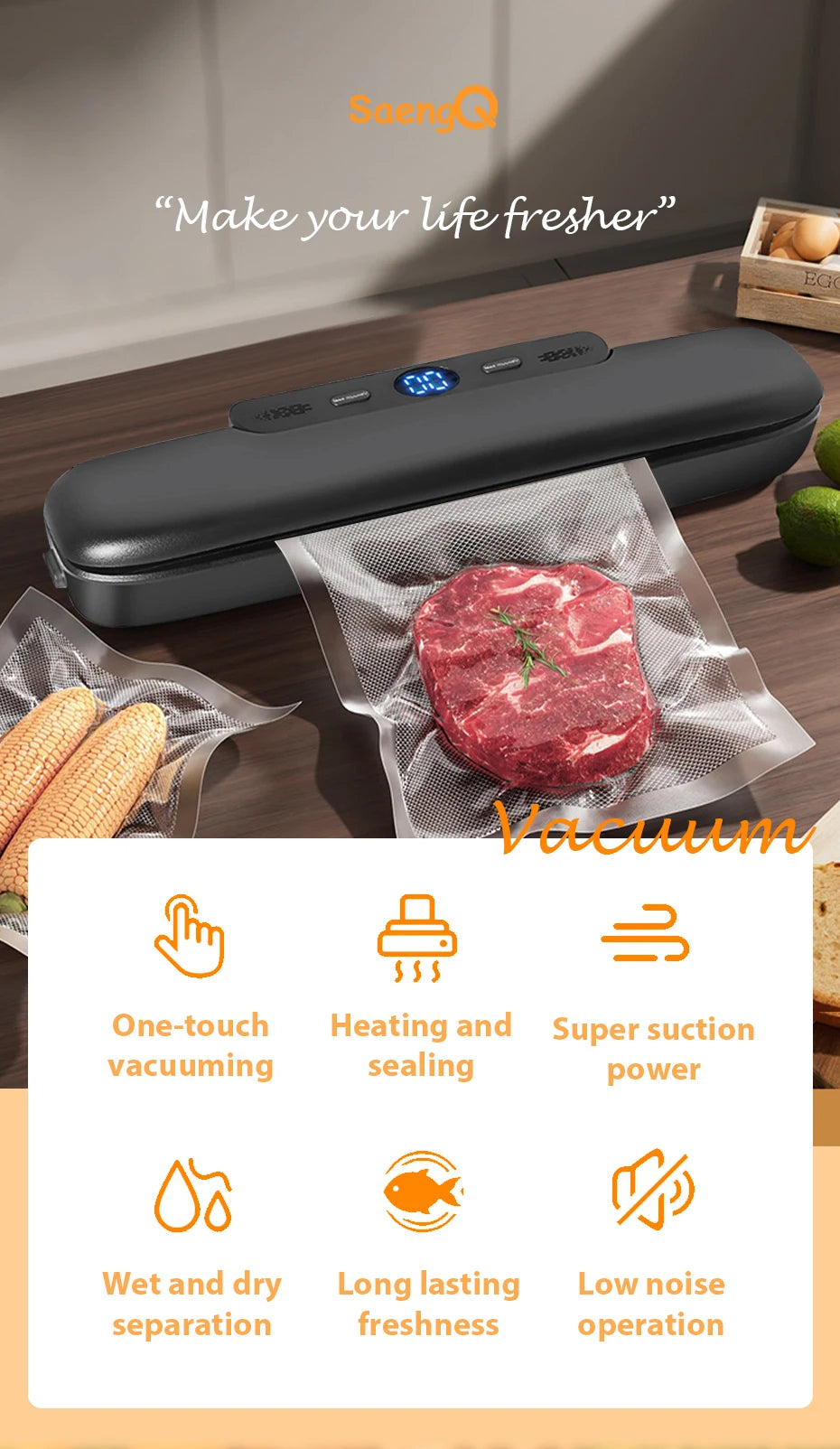 SaengQ Vacuum Sealer Machine – Food Saver with 10 Free Vacuum Bags | Household Food Preservation & Packaging