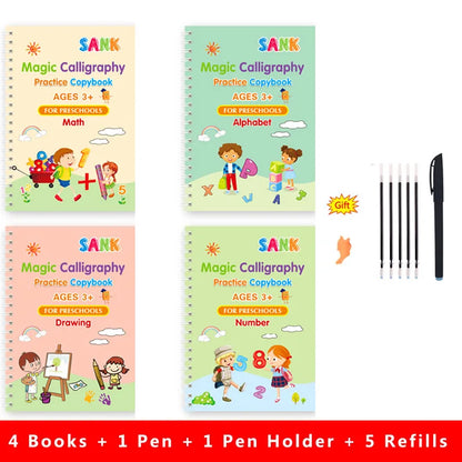 Sank Magic Practice Copybook – Reusable Calligraphy Writing Book for Kids | Preschool Handwriting & English Learning with Free Wiping Pen