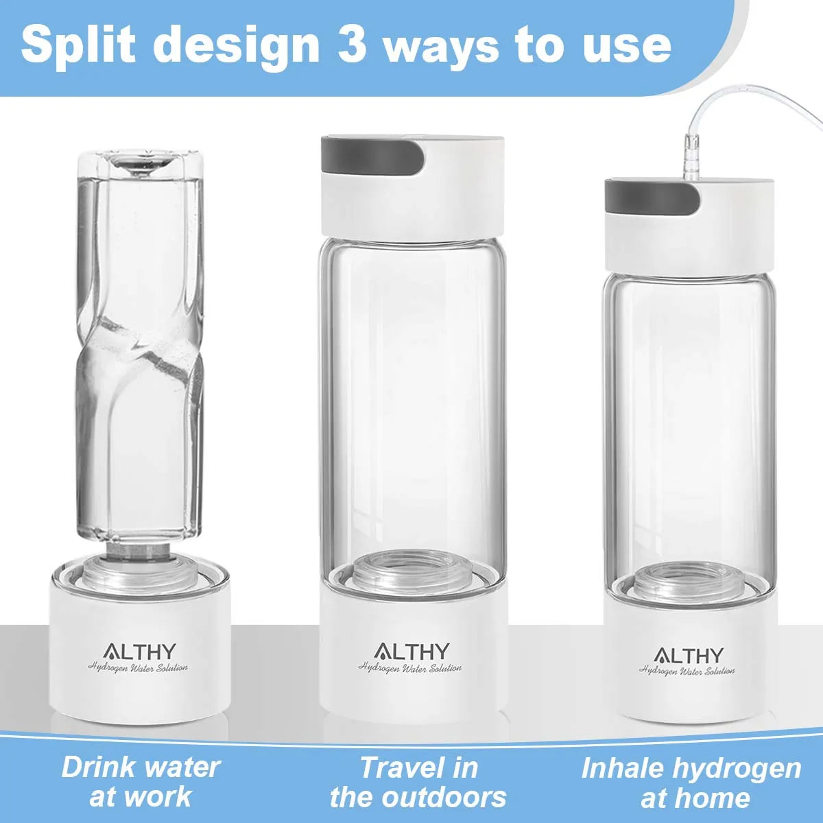 ALTHY Hydrogen Water Generator Bottle – Glass Cup with DuPont SPE & PEM Dual-Chamber Ionizer – Includes H₂ Inhalation Device – Portable Hydrogen-Rich Water Maker