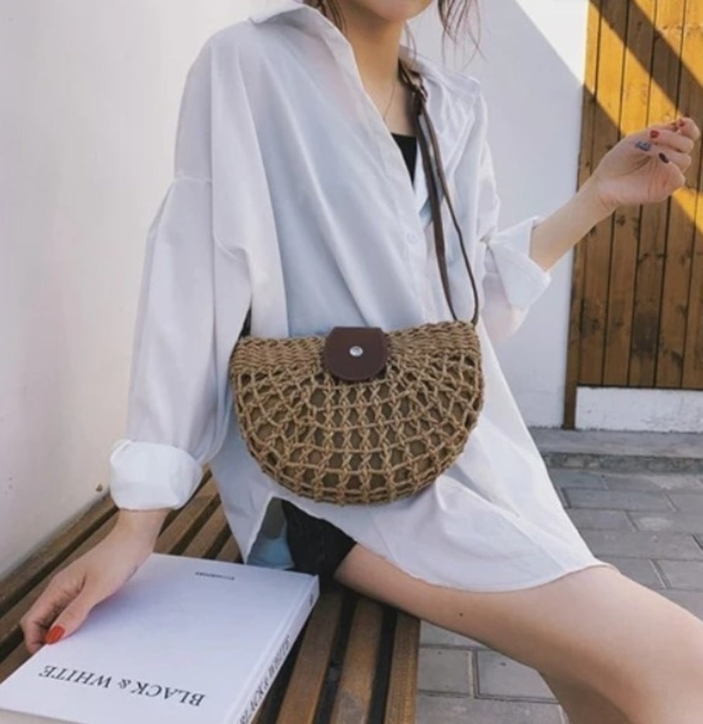 Half Moon Straw Crossbody Bag