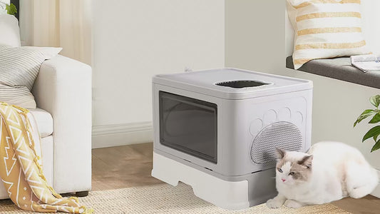 Foldable Enclosed Cat Litter Box – Front Entry & Top Exit with Massager Scoop, Space-Saving Design for Easy Cleaning